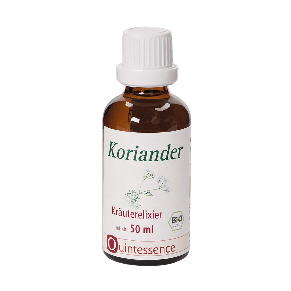 Braune Glasflasche mit weißem Deckel. Etikett: Koriander Kräuterelixier, 50 ml, Bio-Siegel.
