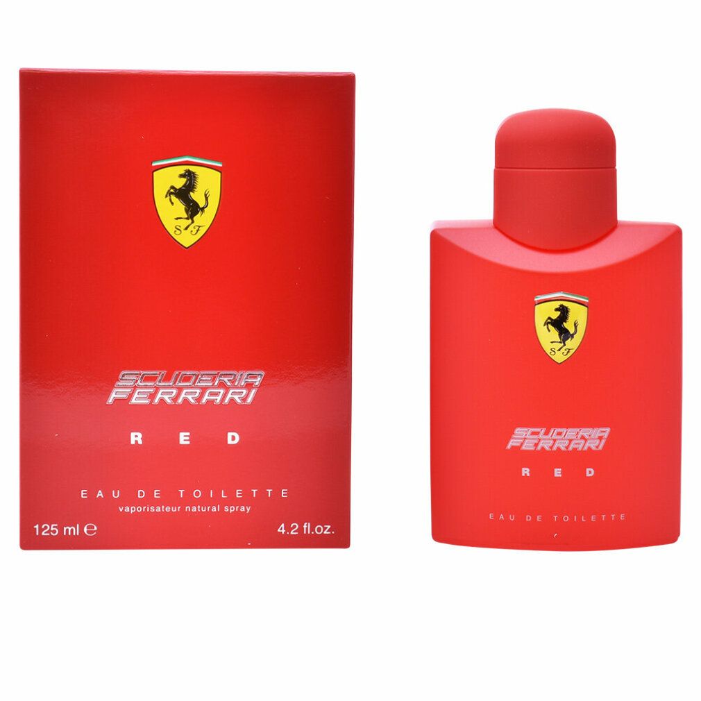 Rotes Eau de Toilette und Verpackung. Logo mit gelbem Schild und schwarzem Pferd. Schriftzug Scuderia Ferrari Red. 125 ml.
