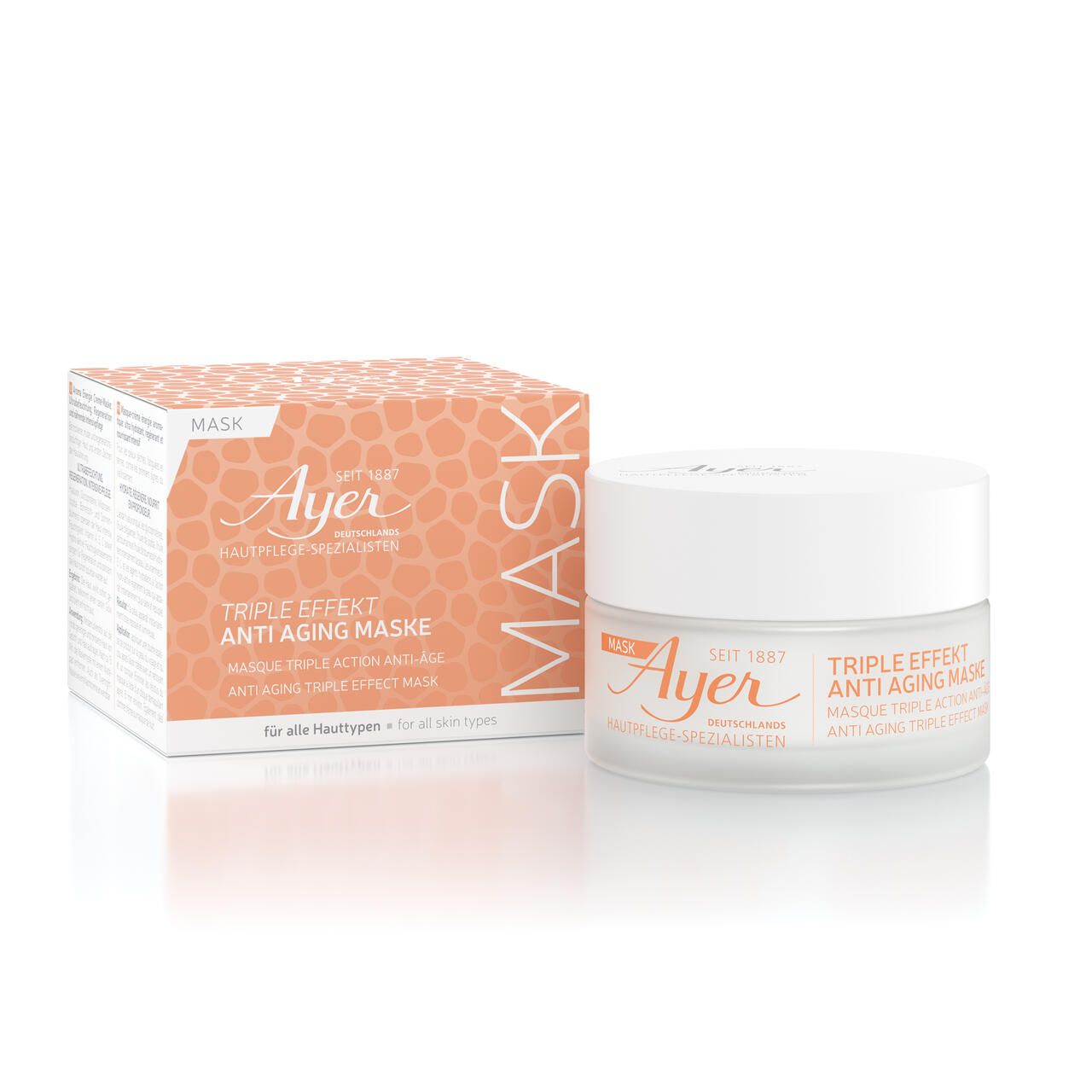 Creme-Tiegel und Schachtel. Aufschrift: Ayer, Triple Effekt Anti Aging Maske. Für alle Hauttypen.