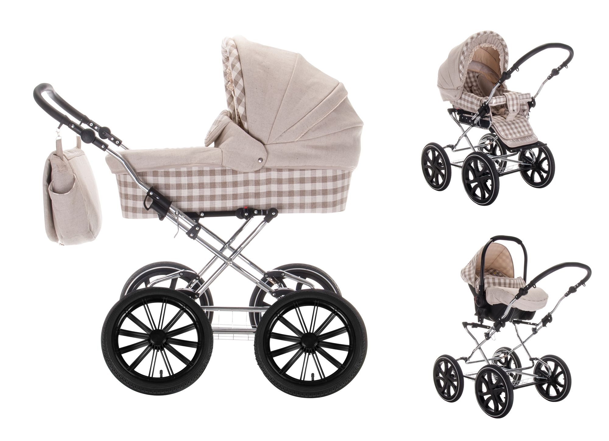 Friedrich Hugo Natureline 3 in 1 Kinderwagen Set Öko Nostalgie Kinderwagen, Friedi Silver