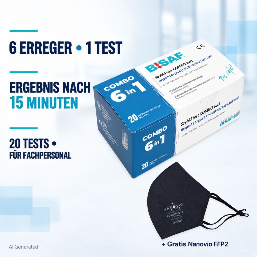BISAF COMBO 6in1: SARS-CoV-2, Flu A/B, RSV, Adenovirus, Mycoplasma + Gratis Nanovio FFP2