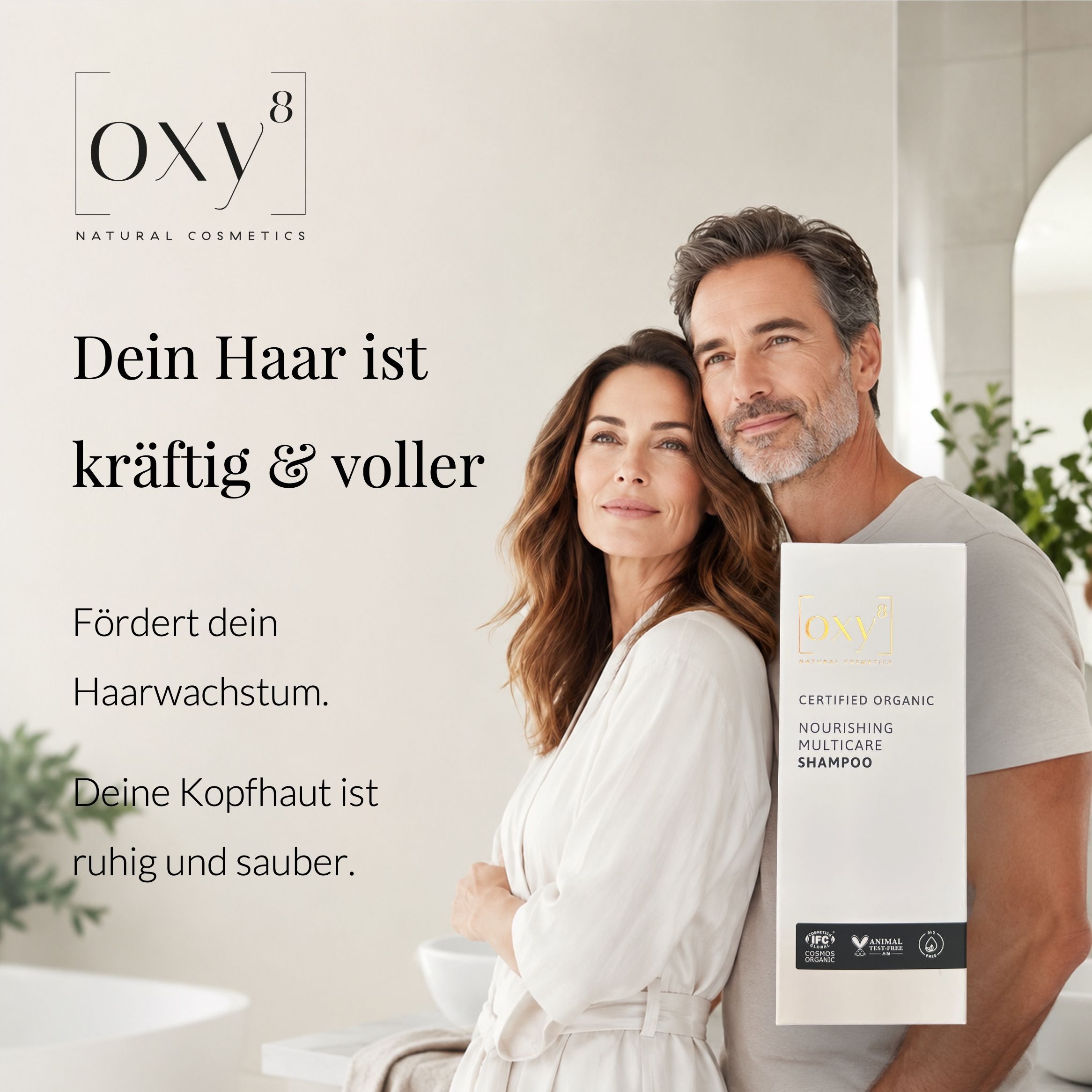 Werbung mit Mann und Frau. Produktverpackung mit Text.