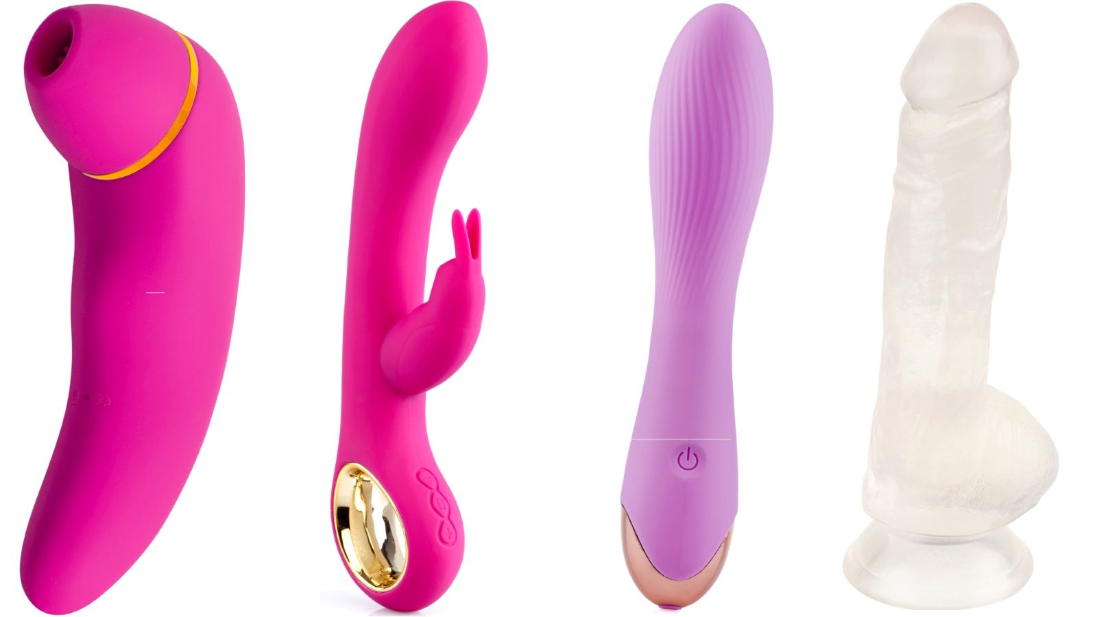 Vier Erotikspielzeuge: Pinkfarbener Vibrator mit Saugnapf, pinkfarbener Vibrator, pinkfarbener Vibrator mit Hasenohren, lila Vibrator, transparenter Dildo.