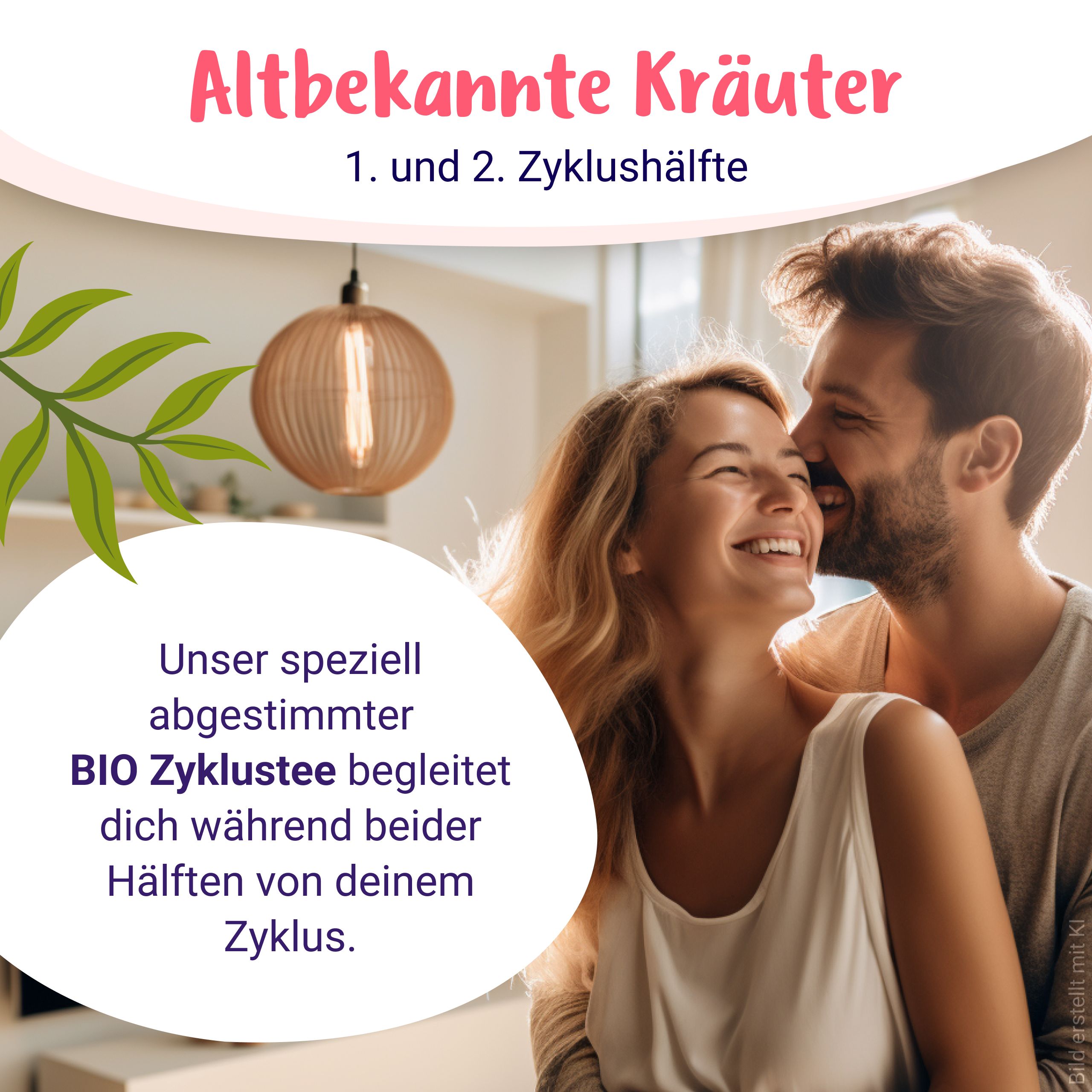 Ein Paar lacht innig, umgeben von Pflanzen und Text über BIO Zyklustee.