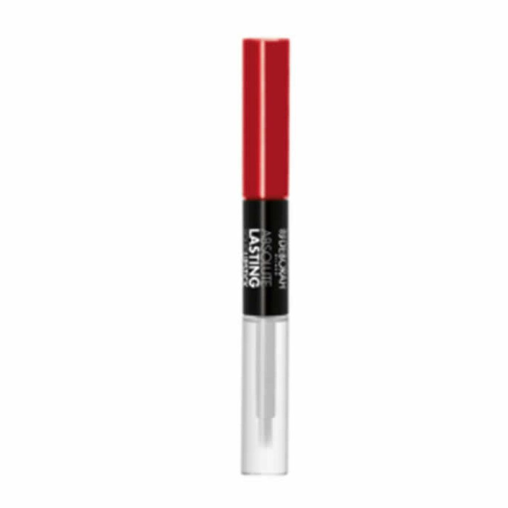 Doppel-Lippenstift. Roter Deckel, schwarzer Mittelteil mit Schriftzug. Transparenter Behälter mit Applikator. Produktname: Absolute Lasting.