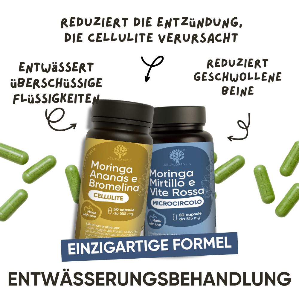 Zwei Flaschen Nahrungsergänzungsmittel, eine gelbe und eine blaue. Auf der gelben Flasche steht 'Cellulite'. Daneben die Zahl 120 und 'Pflanzliche Kapseln'.