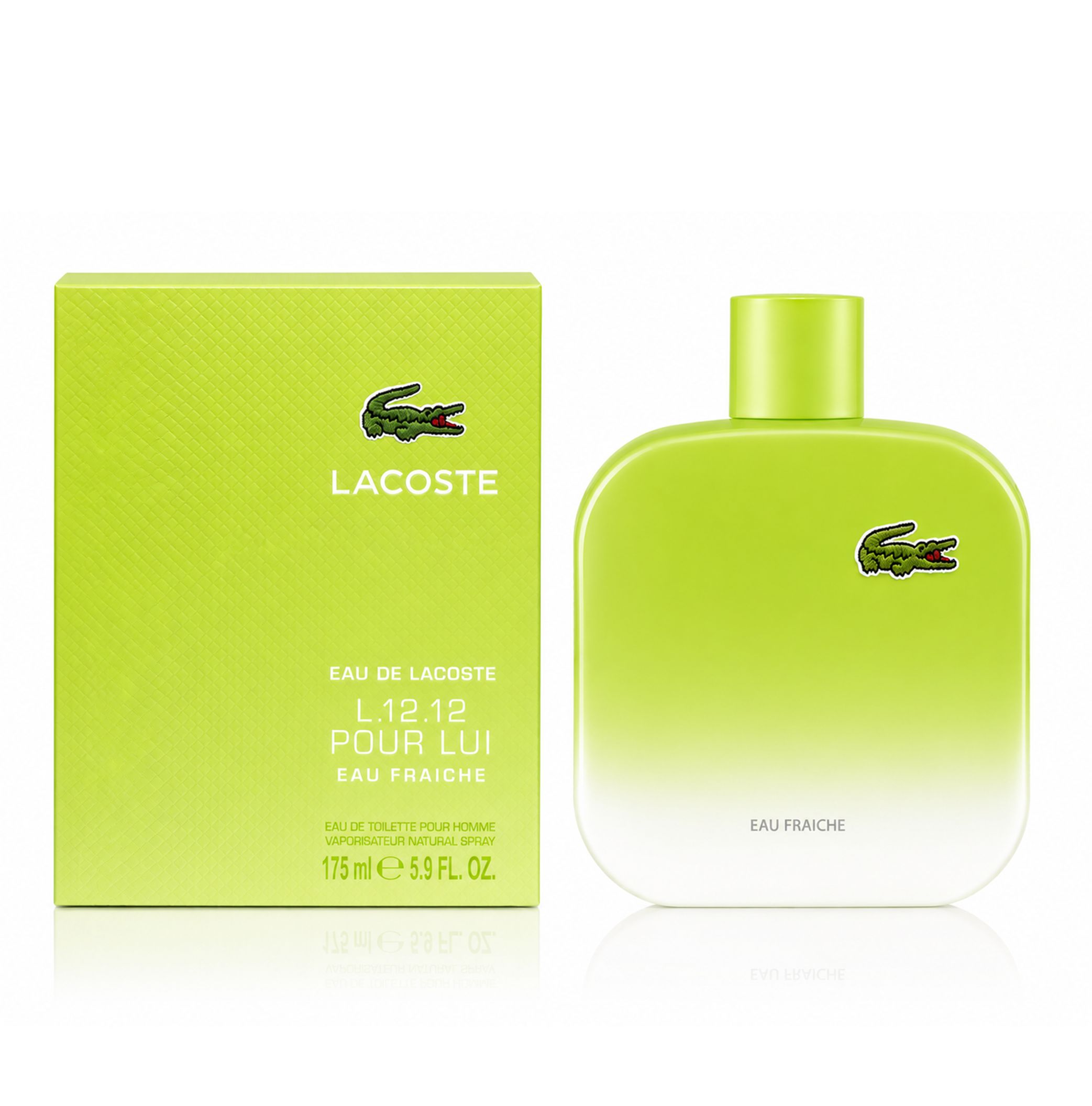 Grüner Lacoste Eau de Toilette Flakon und Karton mit Krokodil-Logo.