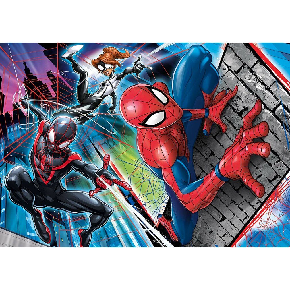 Spiderman-Puzzle mit 24 Teilen. Abbildung von Spiderman und anderen Figuren. Clementoni-Logo.