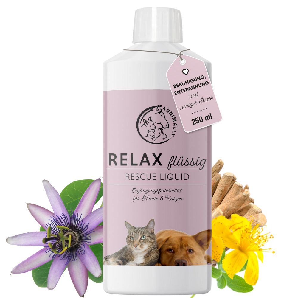 Flasche mit Etikett. Text: RELAX flüssig Rescue Liquid. Mit Illustrationen von Katze und Hund. Anhänger mit Text: Beruhigung, Entspannung und weniger Stress.