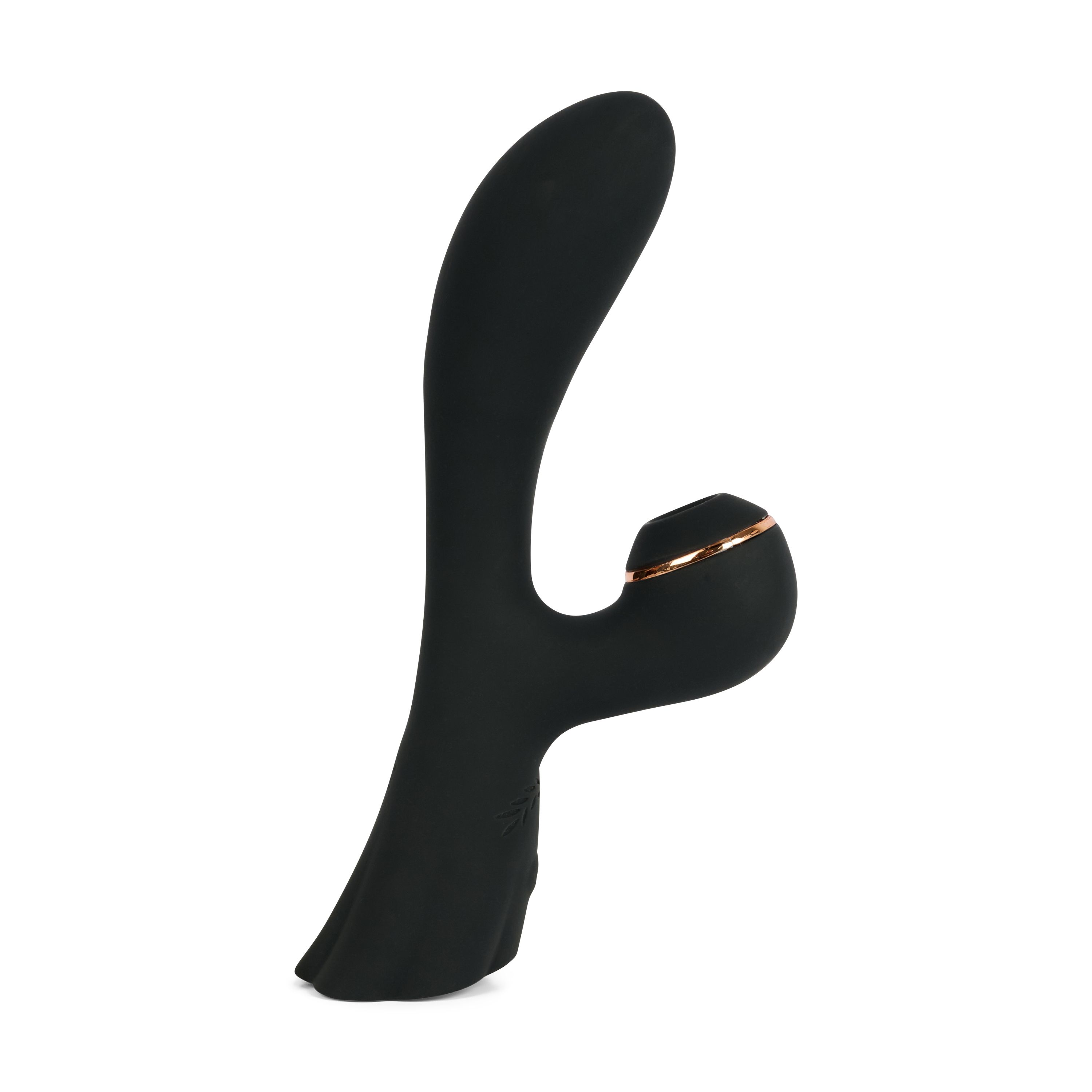 Schwarzes Wellness-Produkt mit geschwungener Form und goldfarbenem Akzent. Oberflächenstruktur erkennbar.