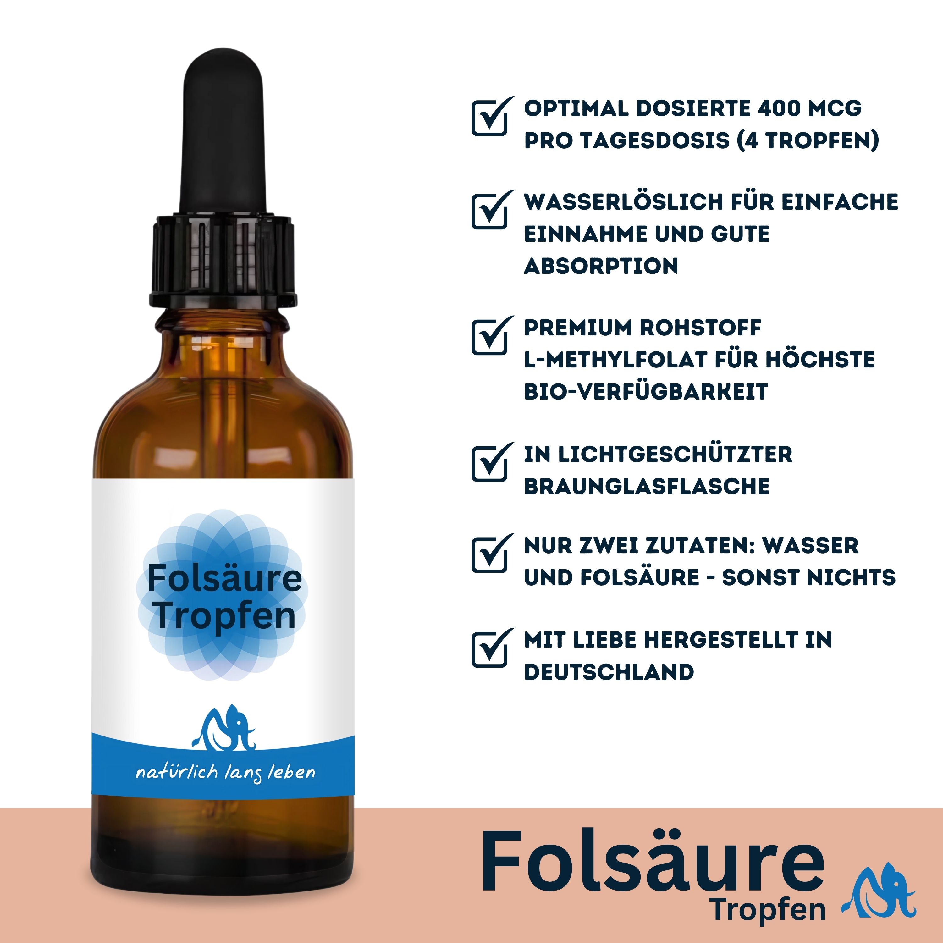 Braune Flasche mit Tropfer. Text: "Folsäure Tropfen". Aufzählung von Vorteilen. Logo und Schriftzug "natürlich lang leben".