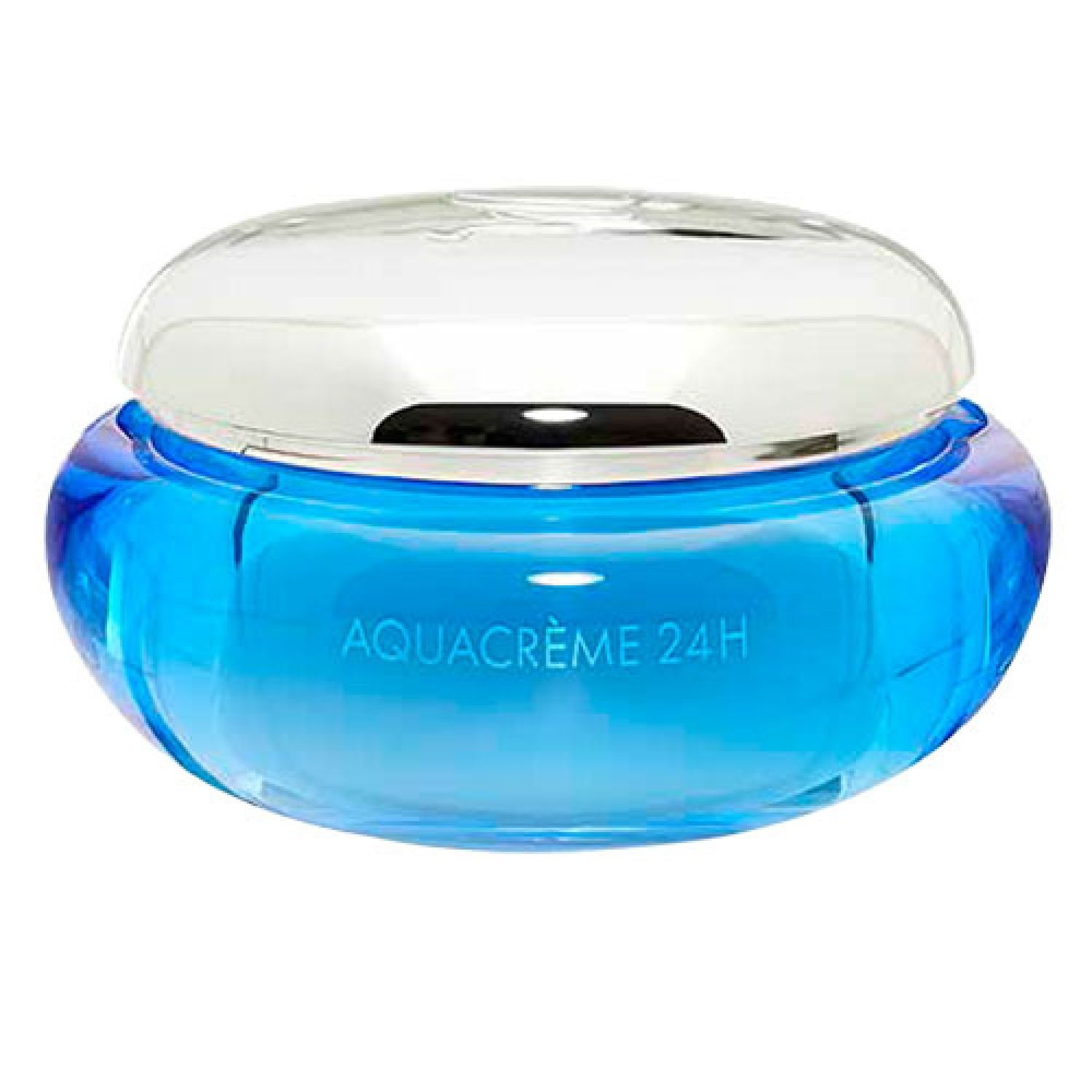 Blaues Cremeglas mit silbernem Deckel. Aufschrift AQUACRÈME 24H.