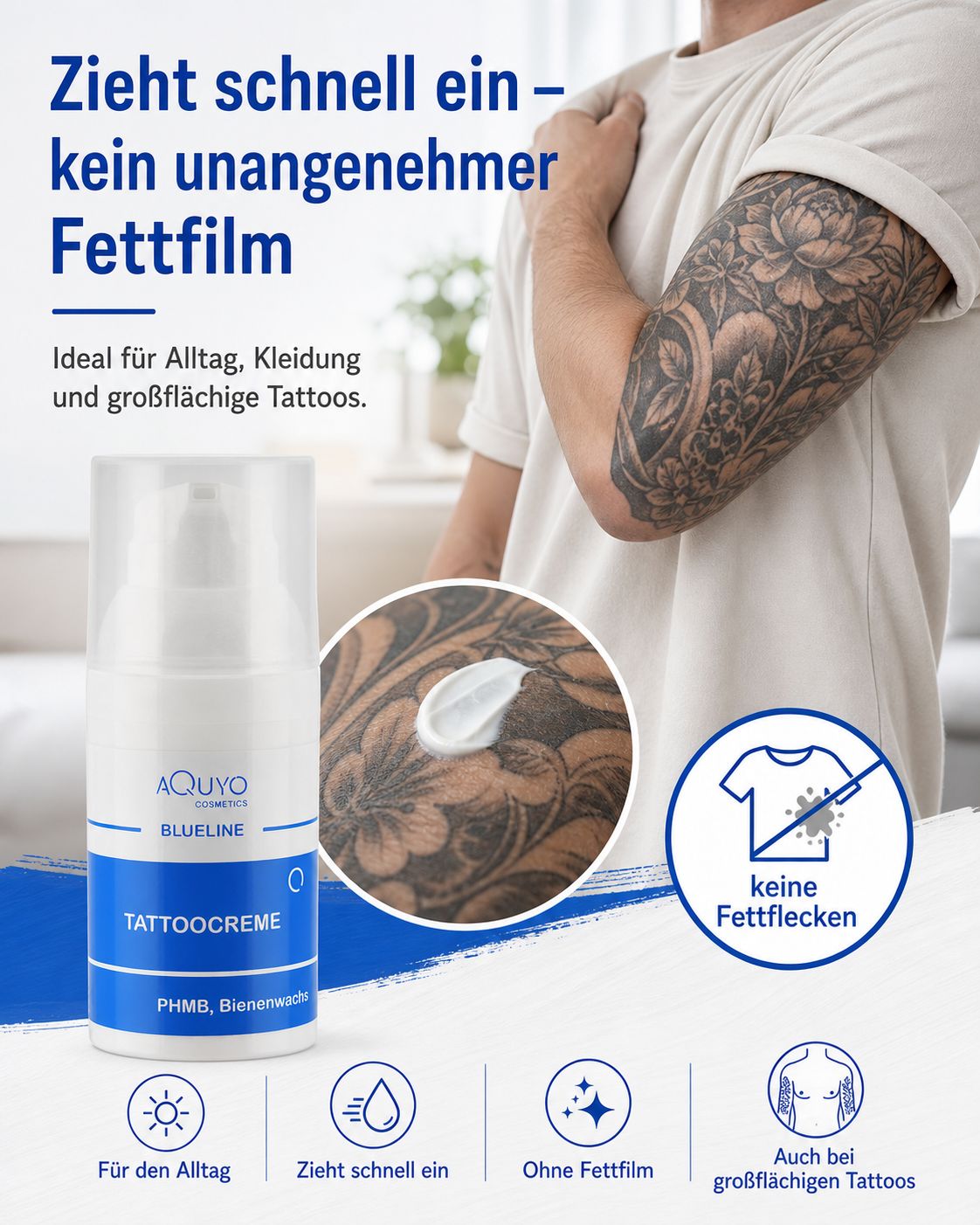 Blueline Tattoo Creme Flasche. Mann mit Tattoo am Arm. Text: Zieht schnell ein - kein unangenehmer Fettfilm. Ideal für Alltag, Kleidung.