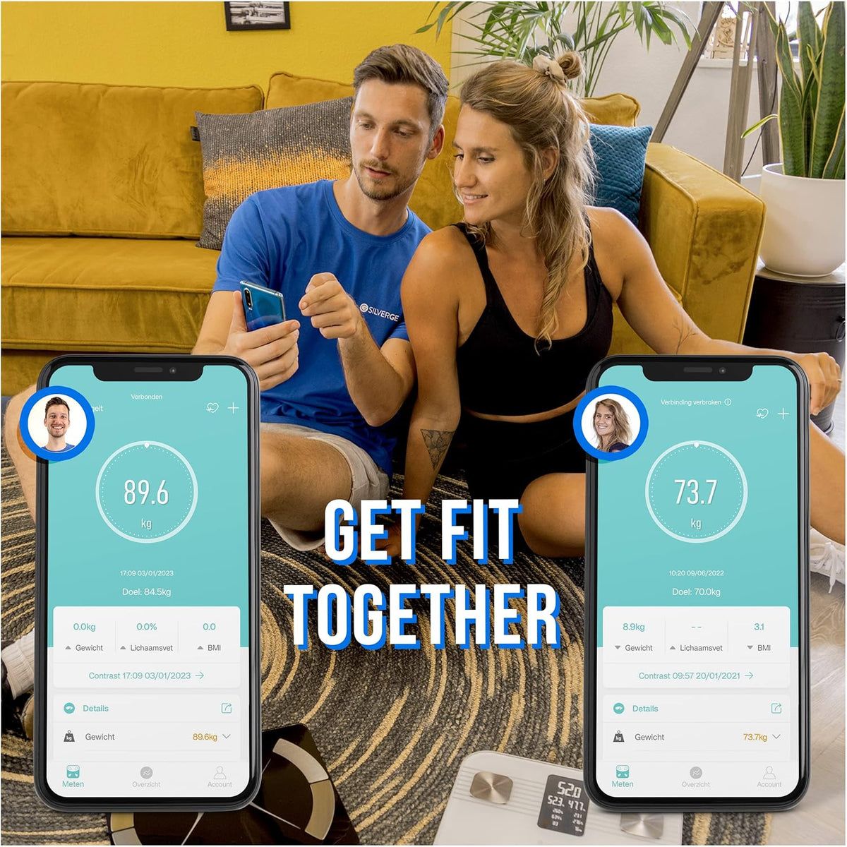 Zwei Smartphones zeigen Körperanalyse-Daten. Zwei Personen halten Smartphones. Text: Get Fit Together.