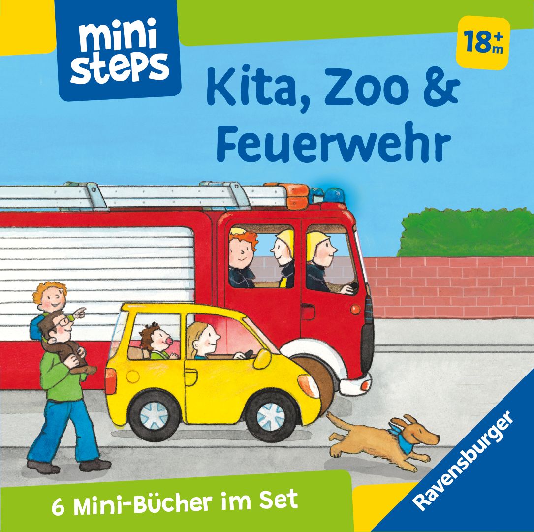 Buch-Set 'Kita, Zoo & Feuerwehr'. Sechs Mini-Bücher. Abbildung: Feuerwehrwagen, gelbes Auto, Personen, Hund. 'Ravensburger' Logo.