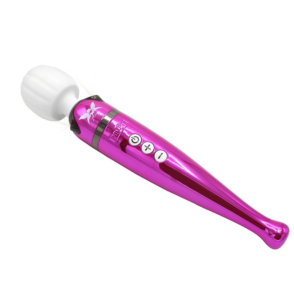 Pinker Massage-Wand mit weißem Aufsatz und Bedienelementen.
