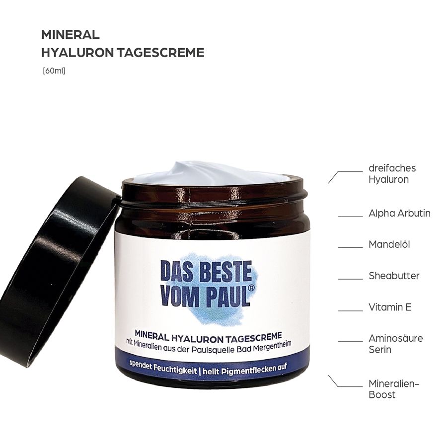 Braune Glascreme mit schwarzem Deckel. Text: Das Beste von Paul. Mineral Hyaluron Tagescreme. Inhaltsstoffe wie Hyaluron, Sheabutter.