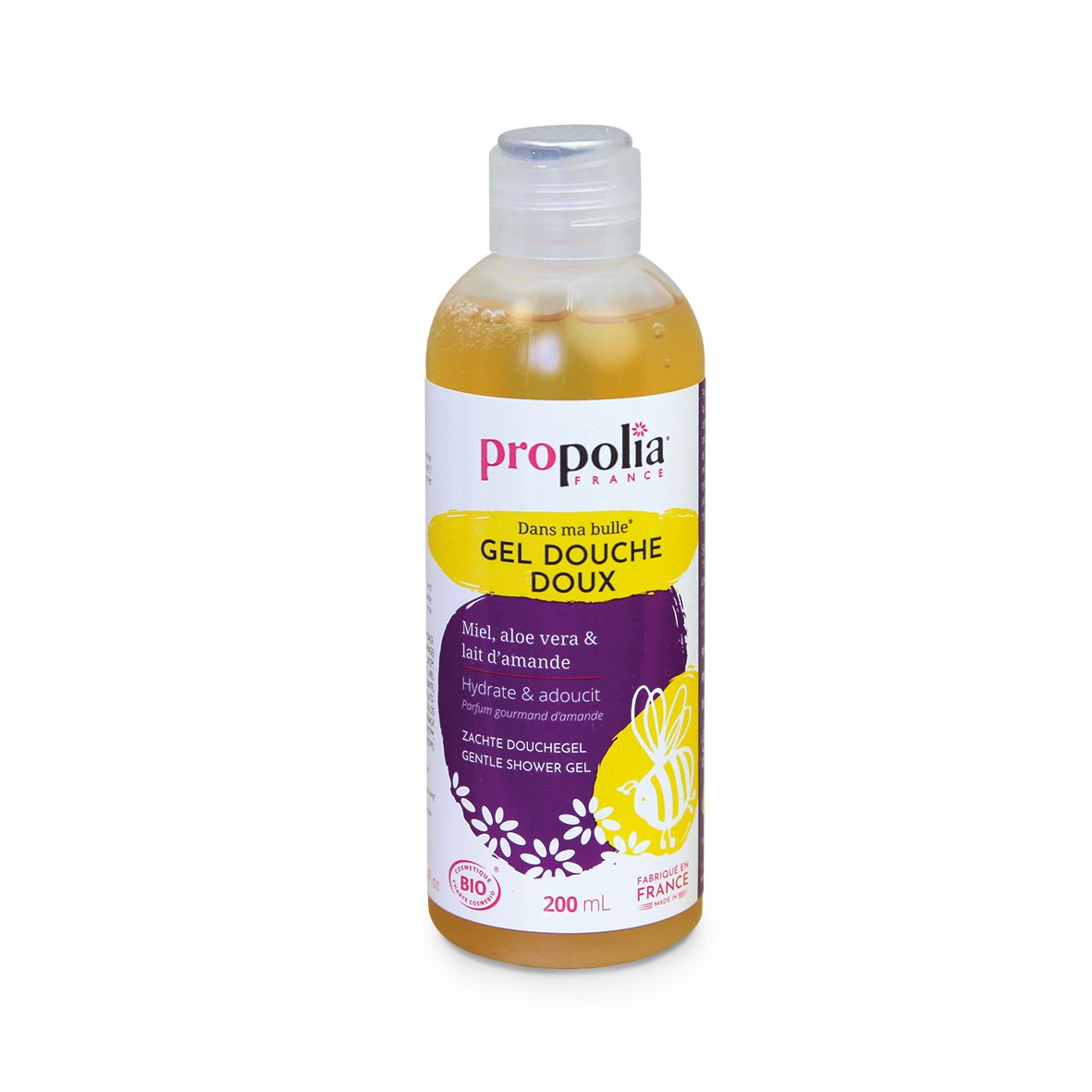 Gel Douche Doux von Propolia. Flasche mit gelbem Inhalt und weißem Deckel. Aufdruck mit Produktnamen, Inhaltsstoffen und Bio-Siegel.