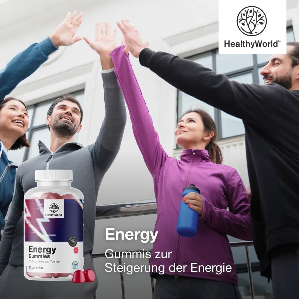 Flasche mit Energy Gummis, rot, mit Blitz-Design und "Energy Gummies" Aufschrift.
