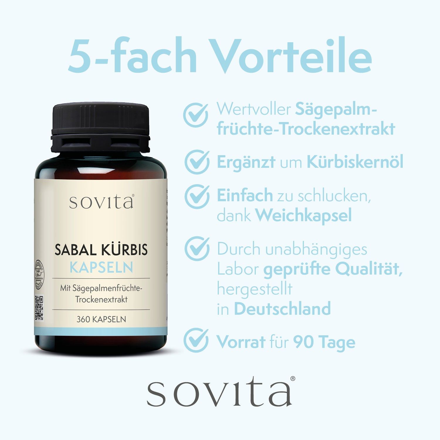 Braune Glasflasche mit schwarzen Deckel. Aufschrift: Sabal Kürbis Kapseln, 360 Kapseln. Vorteile auf blauem Hintergrund.