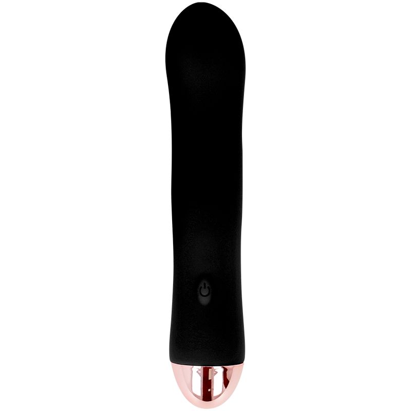 Schwarzer Silikon-Vibrator mit roségoldfarbenem Akzent. Auf der Oberfläche befindet sich ein Bedienknopf.