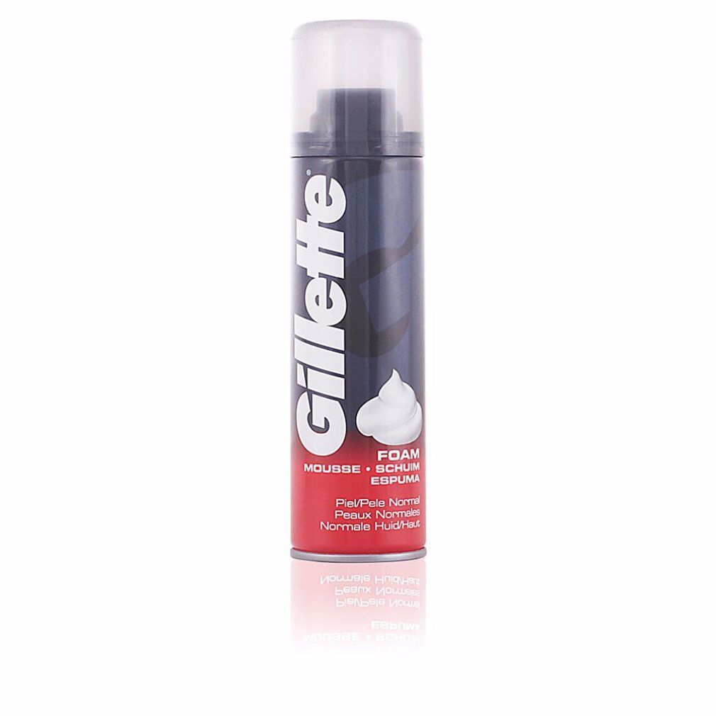Gillette Rasierschaum-Dose, rot-schwarz, mit weißem Schaum. Text: Gillette, Mousse, Foam, Espuma, Peau Normale.