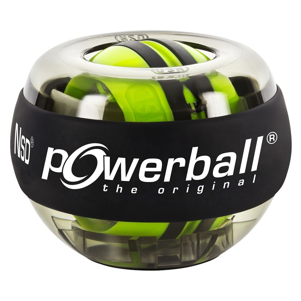 Powerball Handtrainer mit transparentem Gehäuse und grünem Rotor, mit "Powerball the original" Logo.