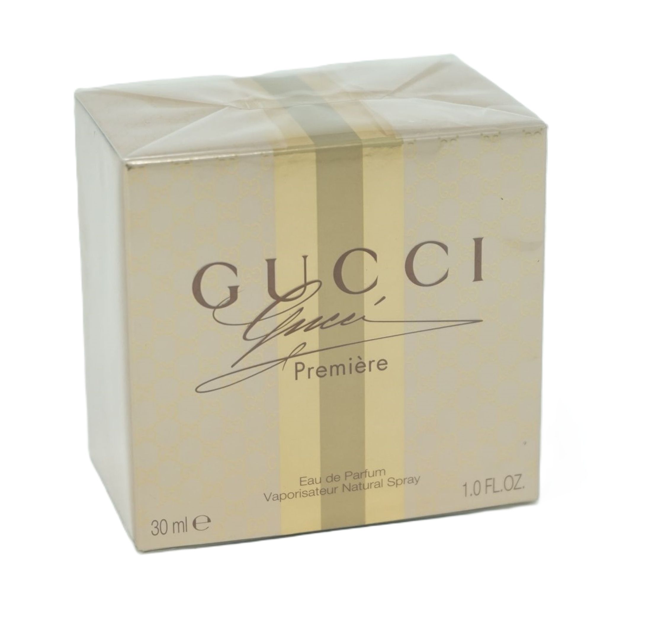 Goldfarbener Karton mit Aufschrift GUCCI Première. Enthält 30 ml Eau de Parfum. Verpackung mit durchsichtiger Folie.