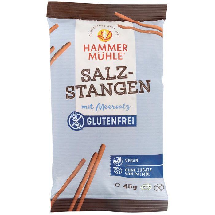 Verpackung mit Salzstangen. Aufschrift: HAMMER MÜHLE, SALZ-STANGEN, glutenfrei, vegan, ohne Palmöl. Bio-Siegel. 45g.