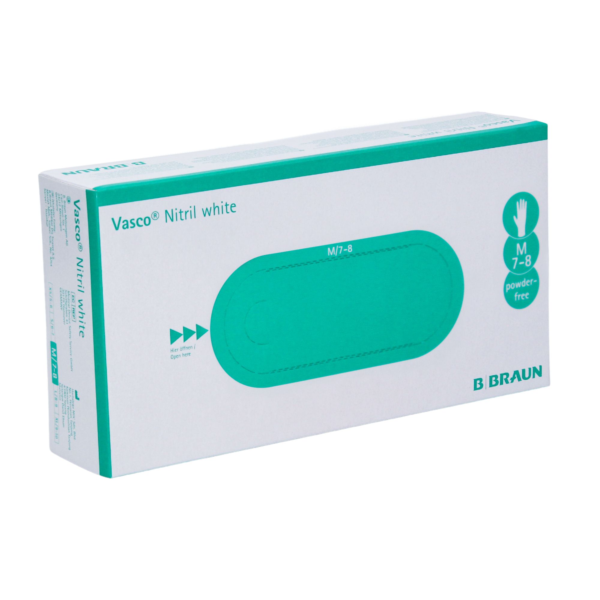 Weiße Box mit "Vasco Nitril white"-Handschuhen. Größe M 7-8, puderfrei. B. Braun Logo.