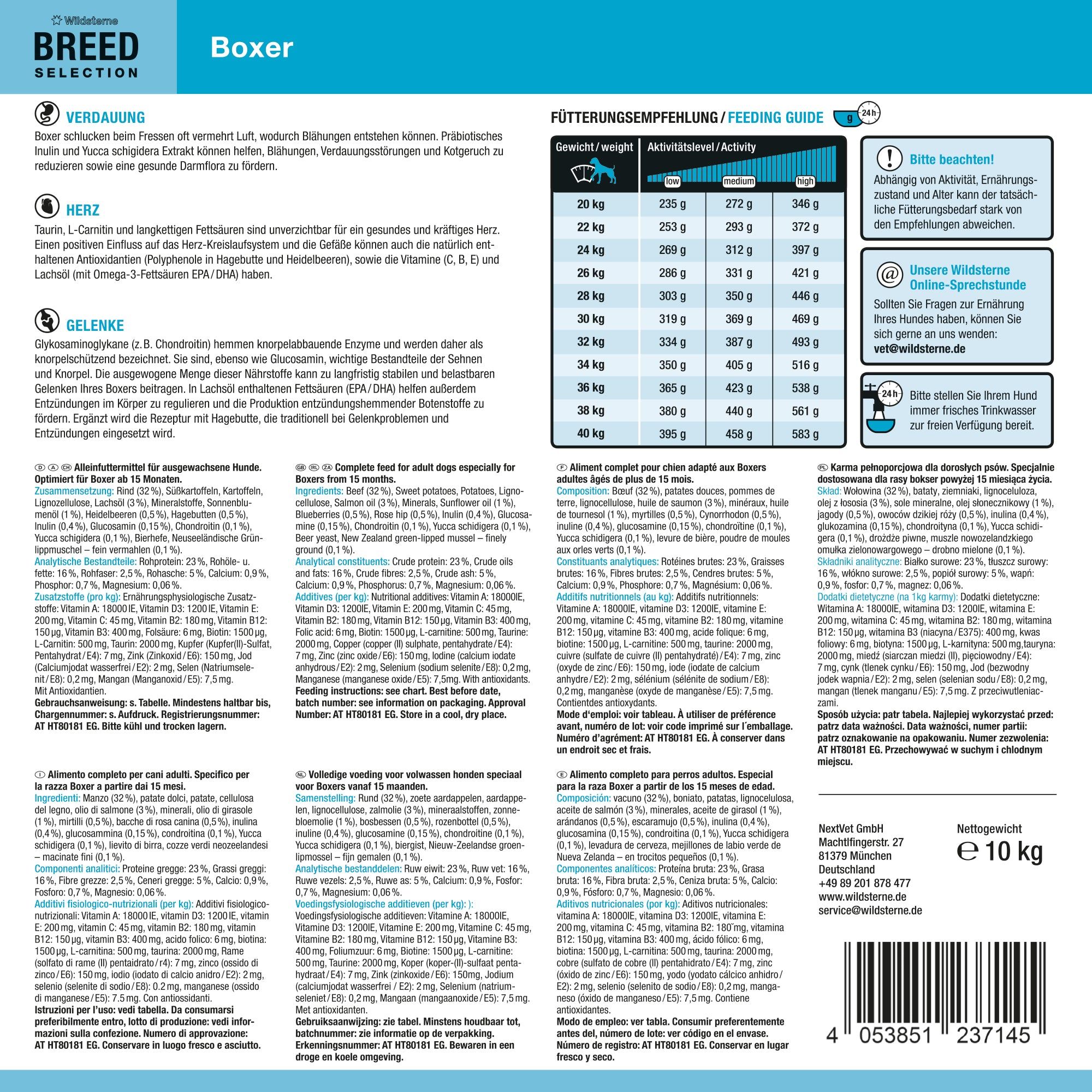 Rückseite Wildsterne Breed Selection Boxer Hundefutter: Inhaltsstoffe, Fütterungsempfehlung, Barcode.