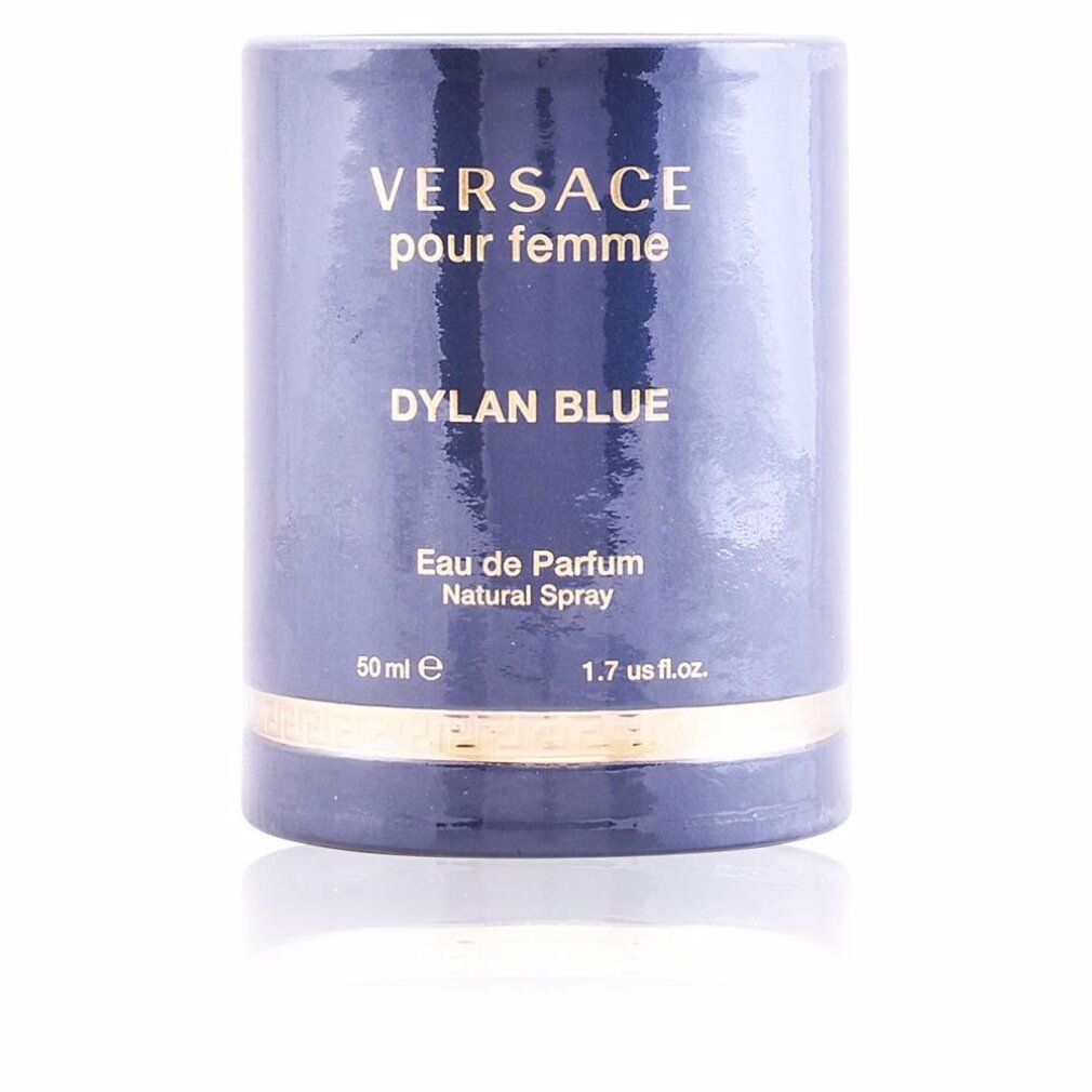 Zylindrische Schachtel mit Aufschrift "Versace pour femme Dylan Blue".