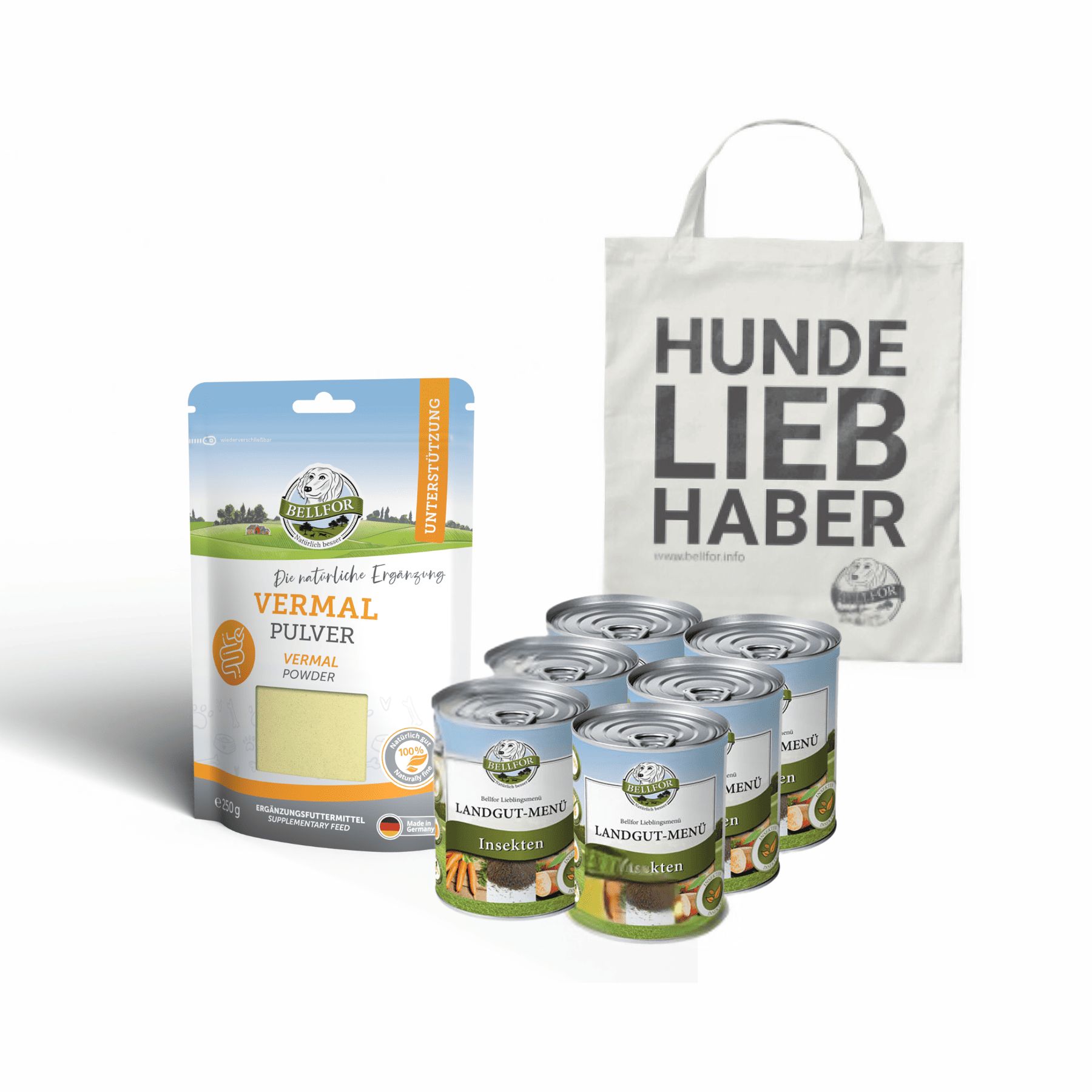 Set für Hunde: Dose, Pulverbeutel, Jutebeutel. Dosen mit Aufschrift 'Landgut-Menü'. Beutel mit 'Vermal Pulver'. Jutebeutel mit Text.