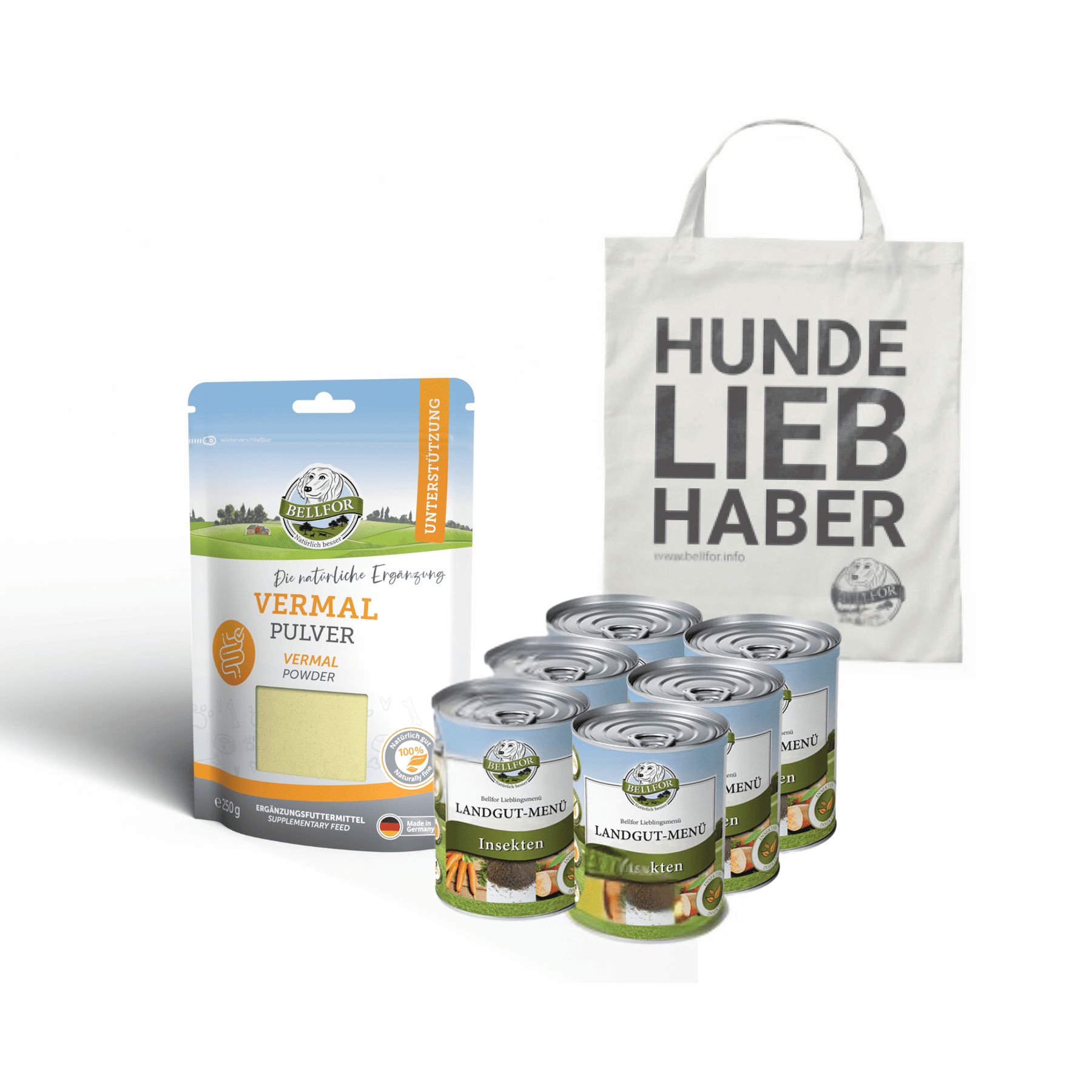 Bellfor Giardien Sparset für große - Hundefutter Nass + Vermal Pulver + 1 Jutebeutel