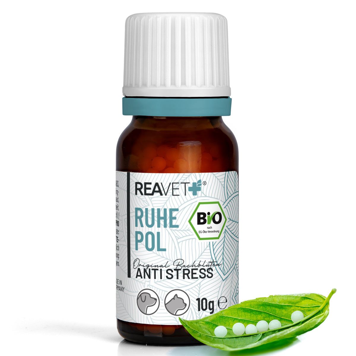 Braune Flasche mit weißem Deckel und blauem Ring. Etikett mit Produktname, Logo und BIO-Siegel. 10g Globuli. Grüne Blätter mit Globuli.