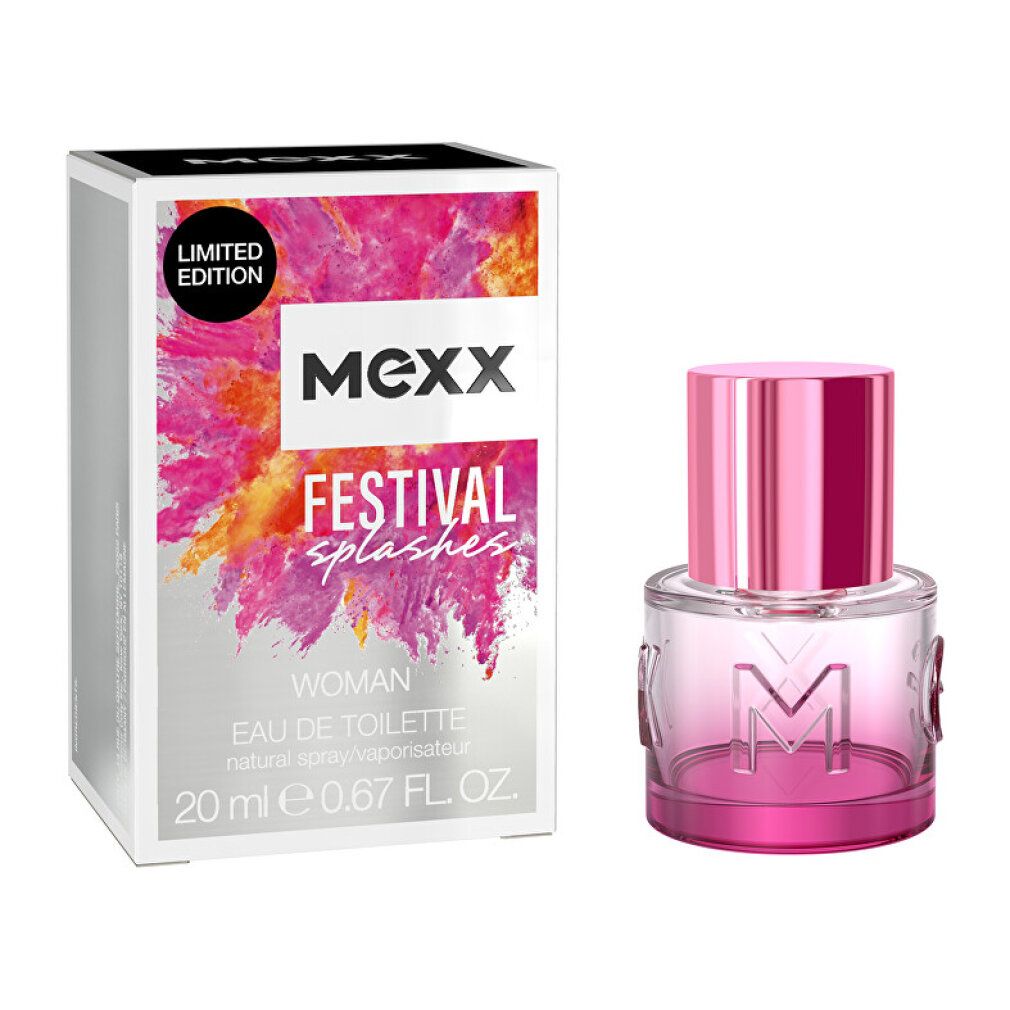 Mexx Festival Splashes Frau Eau de Toilette. Flakon und Verpackung. Rosa und silberne Farbgebung. 20 ml.