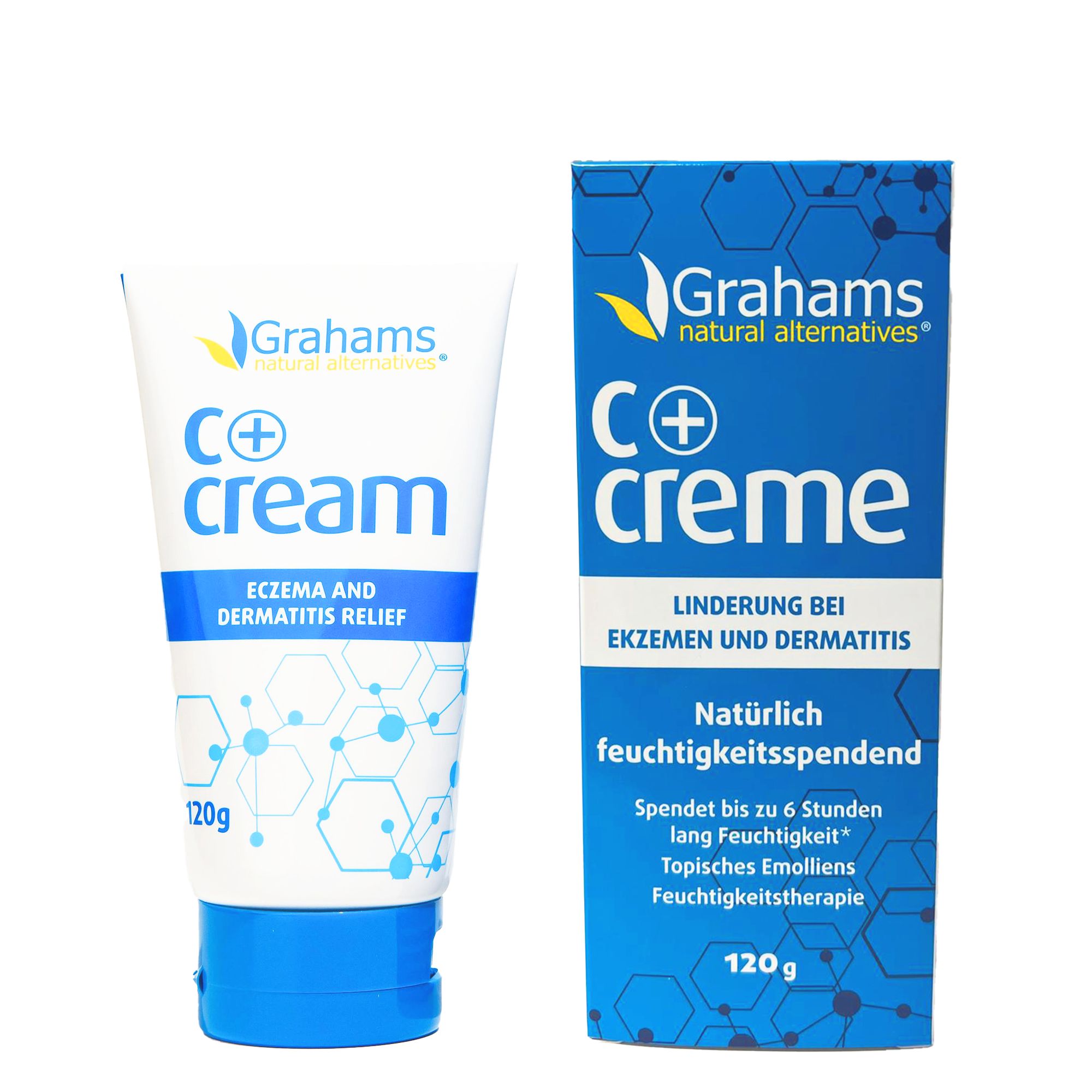 Tube und Schachtel Grahams C+ Creme. Tube weiß mit blauem Deckel, Schachtel blau mit Produktinformationen.