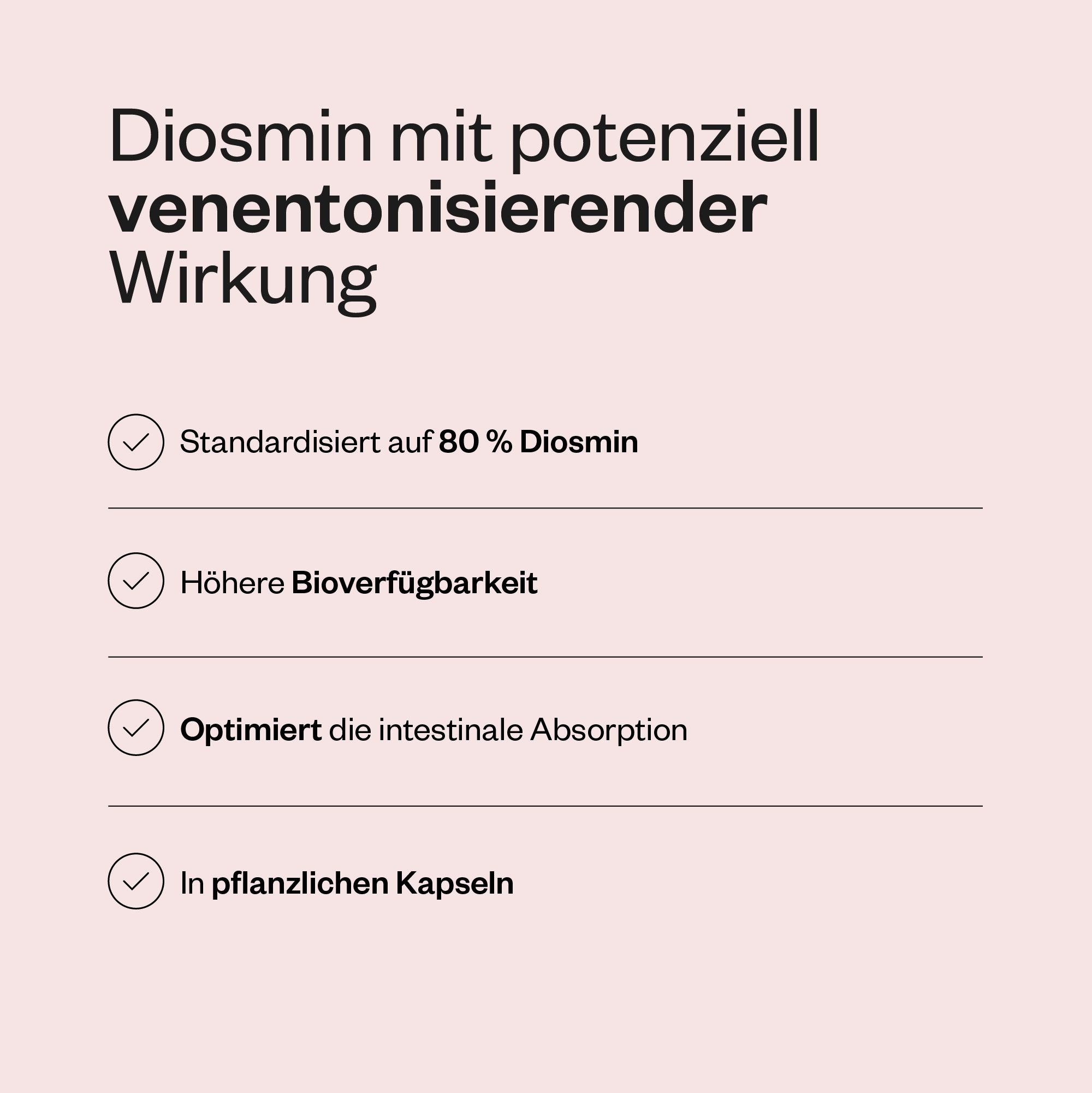Textfeld mit Überschrift: Diosmin mit potenziell venentonisierender Wirkung. Aufzählungspunkte mit Text.