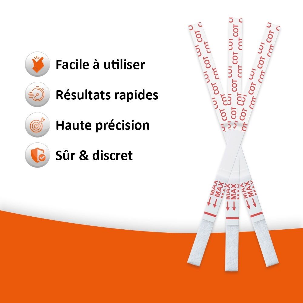 Plusieurs bandelettes de test avec impression COT. Texte : Facile, rapide, précis, discret.