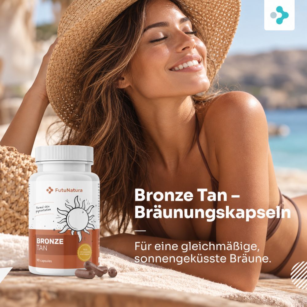 Flasche mit Kapseln für Bräunung, Marke FutuNatura, Produktname Bronze Tan.