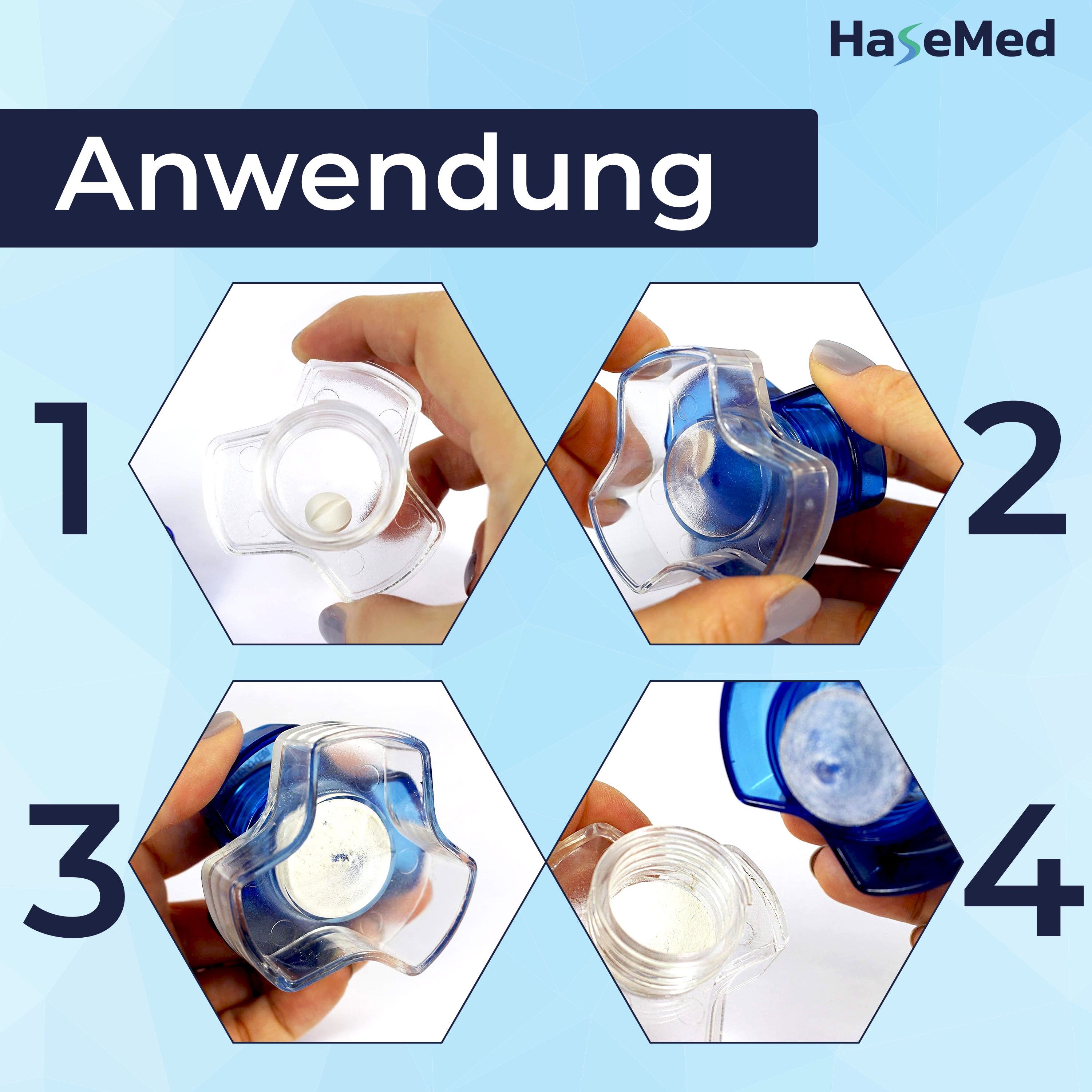 HaseMed Tablettenmörser, blau-transparent. Anwendung in 4 Schritten: Tablette einlegen, verschließen, zermahlen, entnehmen.