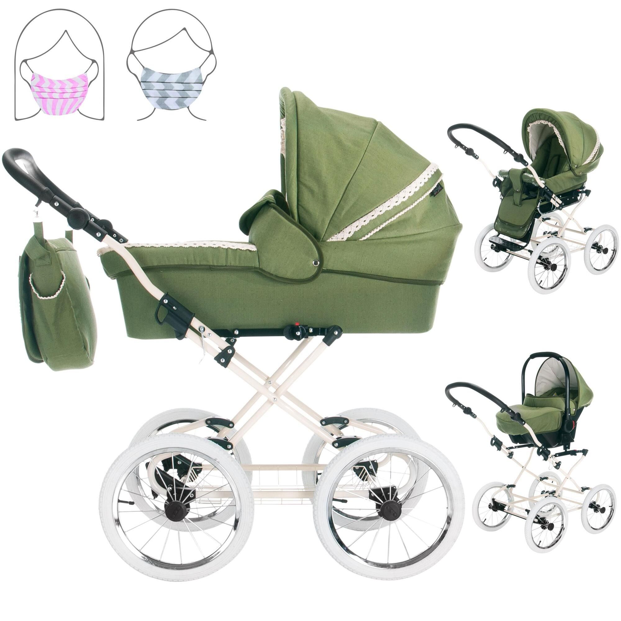 Friedrich Hugo Natureline 3 in 1 Kinderwagen Set Öko Nostalgie Kinderwagen, Elisabeth Forrest Creme
