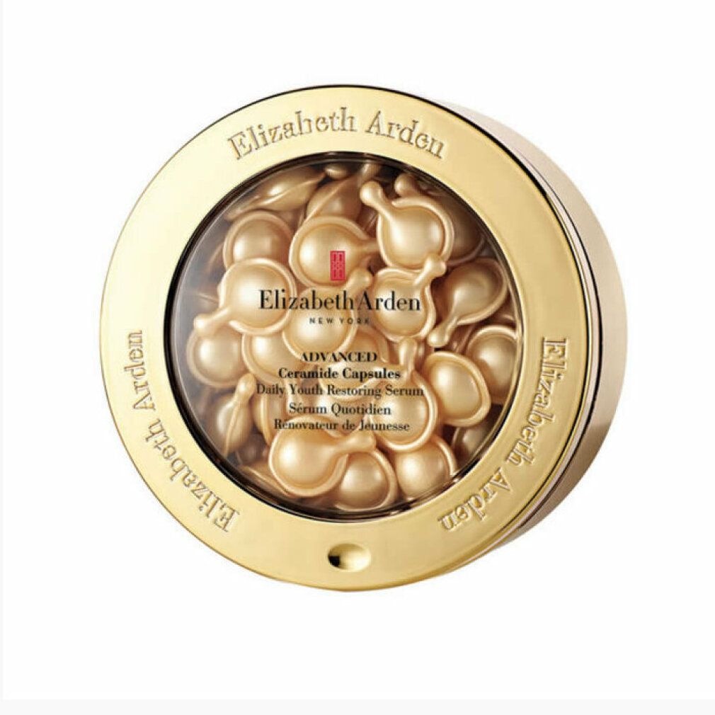 Runde, goldfarbene Dose mit Ceramid-Kapseln. Aufschrift: Elizabeth Arden, Advanced Ceramide Capsules, Daily Youth Restoring Serum.