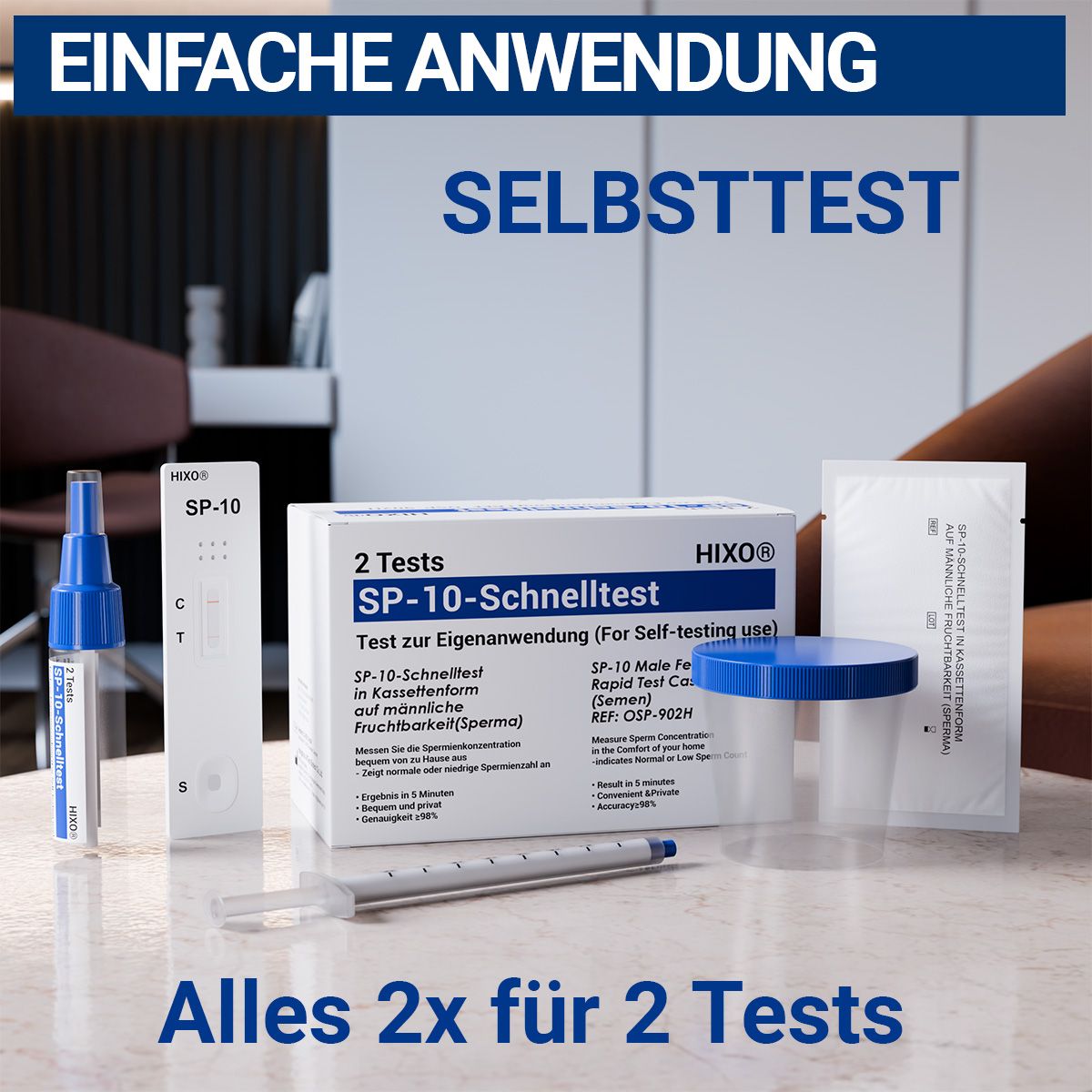 HIXO SP-10 Schnelltest. Testkassette, Fläschchen, Behälter, Spritze. Verpackung mit 2 Tests. Text: SP-10 Schnelltest, HIXO, Alles 2x für 2 Tests.