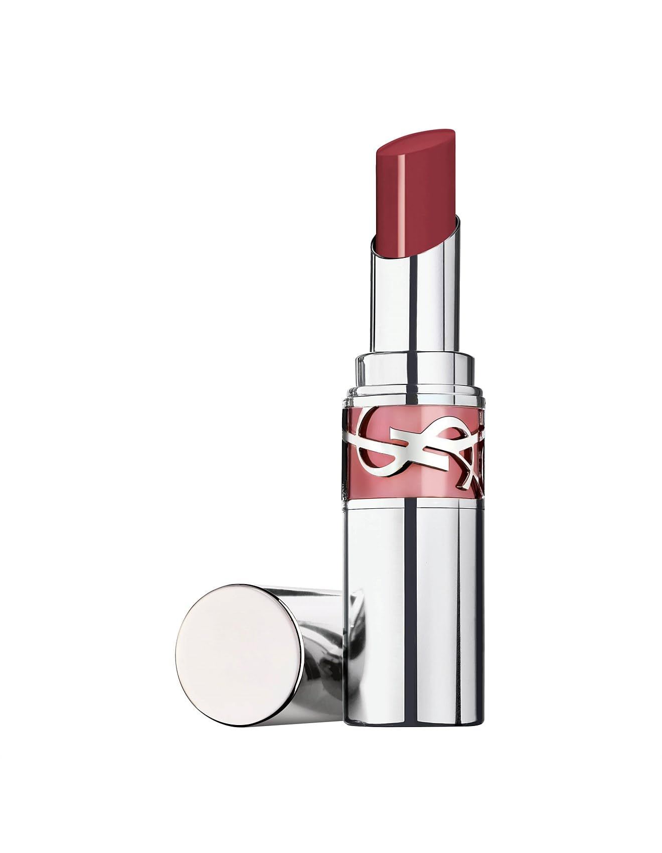 Lippenstift mit silberner Hülse und roter Lippenstiftspitze. Deckel daneben. YSL-Logo sichtbar.