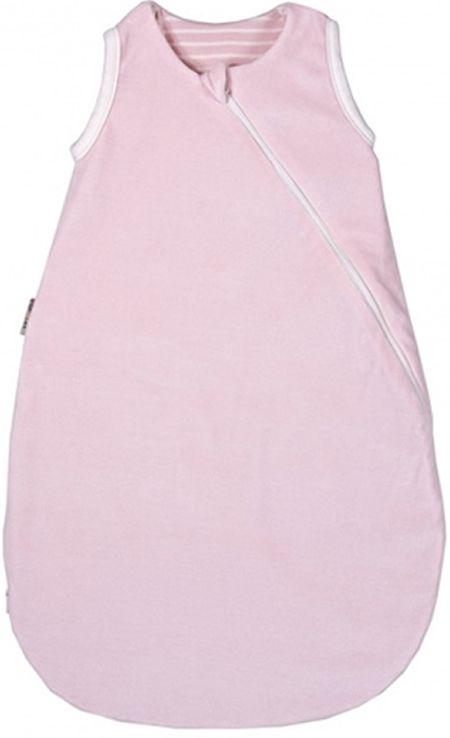 Rosa Babyschlafsack mit Reißverschluss. Weißer Saum und Reißverschluss. Innen gestreift.