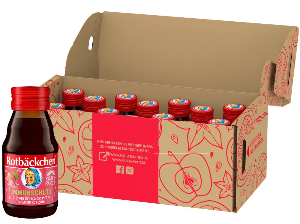 Karton mit Flaschen Rotbäckchen Immunschutz. Eine Flasche steht davor.