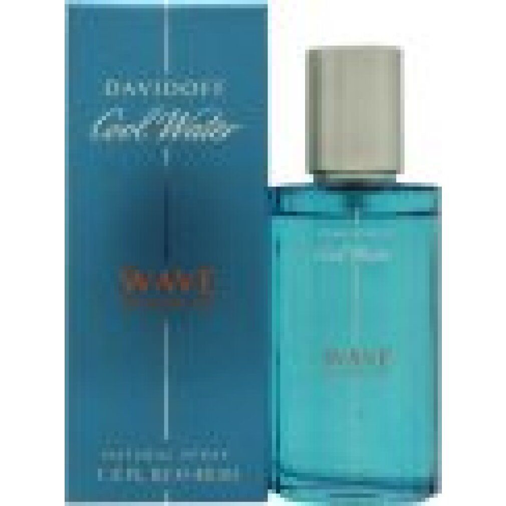 Davidoff Cool Water Wave EdT Nat. Spray. Flakon und Verpackung. Blaues Glas, silberner Deckel. Verpackung mit Schriftzug und Produktnamen.