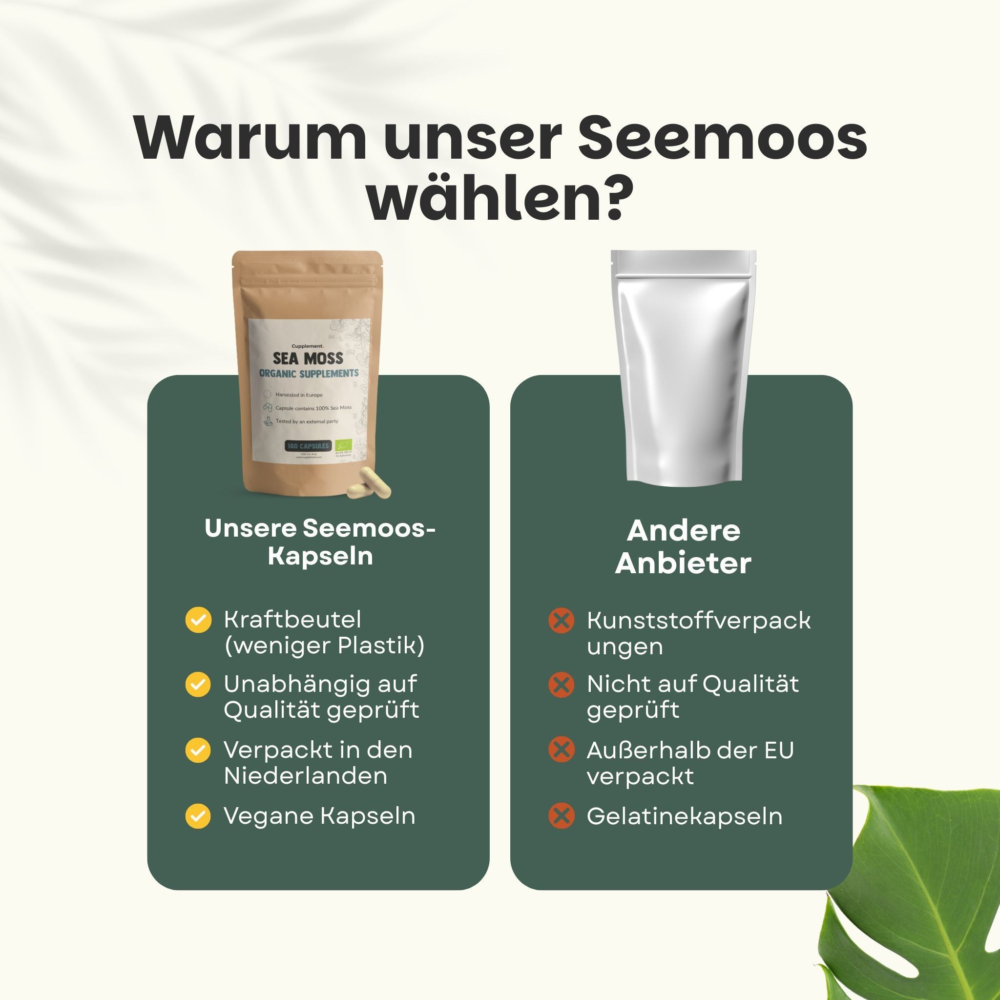 Vergleich: Unsere Seemoos-Kapseln vs. andere Anbieter. Kraftbeutel, Qualität geprüft, Verpackung in den Niederlanden, vegan.