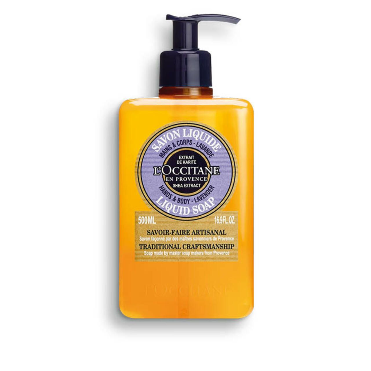 L'Occitane Flüssigseife Lavendel. Gelbe Flasche mit blauem Pumpkopf. Text: Savon Liquide, Shea Extract.